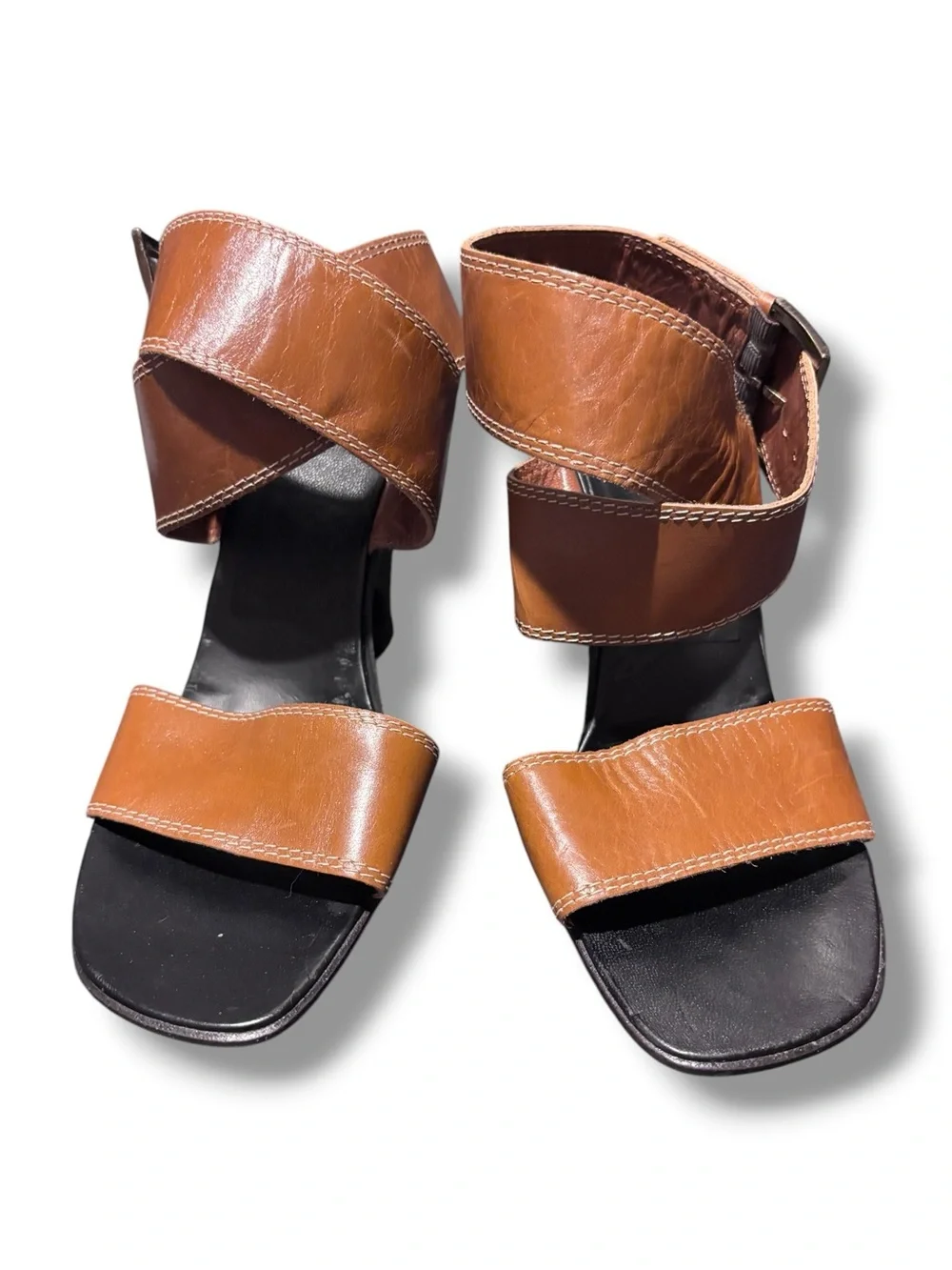 ANNE KLEIN Brown Wide Leather Ankle Wrap Wedges Contrast Stitching